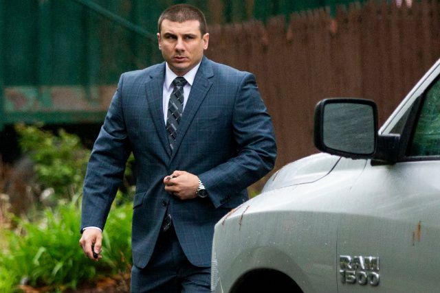 NYPD Officer Daniel Pantaleo leaves his Staten Island home on the first day of his administrative trial